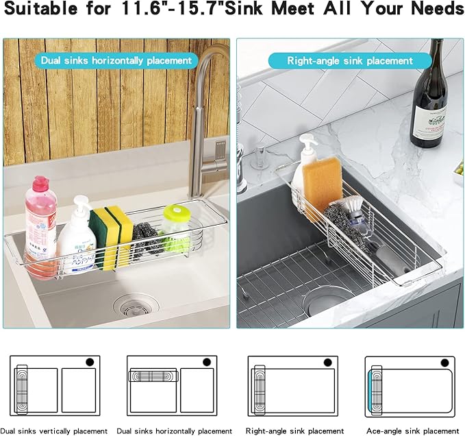 YQh Retractable Sink Drain Rack, 304stainless Steel Expandable Sink Storage Rack, Adjustabl Kitchen Sponge Drying Rack, soap Rack, Breathable Drainage (Adjustable Length 14in-18in)
