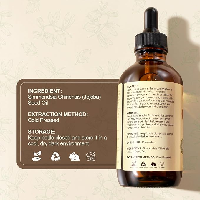4oz Jojoba Oil (EWG Verified) 100% Pure Cold Pressed Jojoba Oil for Face, Hair, Nails and Skin, Unrefined & Hexane Free, Natural Body Facial Moisturizer Multi-purpose oil Base Carrier Oil