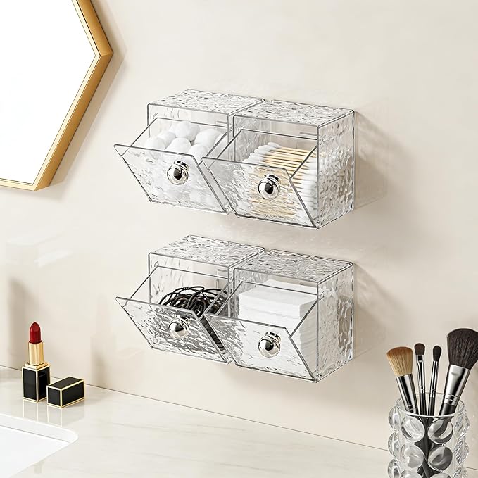IWNTWY Qtip Holder Dispenser, Wall Mounted Plastic Cotton Pad Holder, Cotton Ball, Swabs, Floss, Makeup Organizers Containers for Vanity Bathroom (Clear, 4 Pcs)