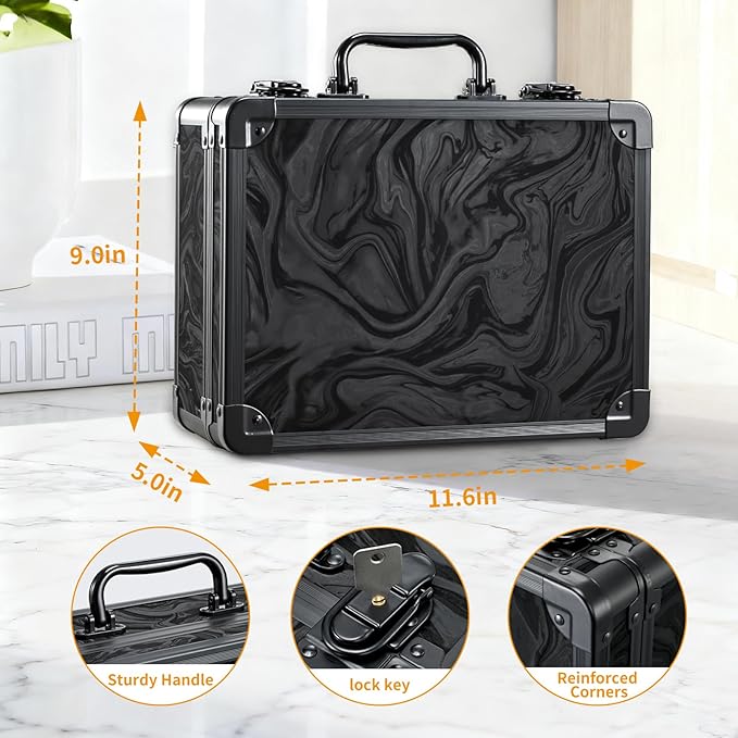Makeup Bag with LED Mirror - Black Fluid-Color Makeup Box with Detachable Lighted Mirror, Travel Cosmetic Train Case Organizer with Adjustable Dividers and Tool Panel for Brushes
