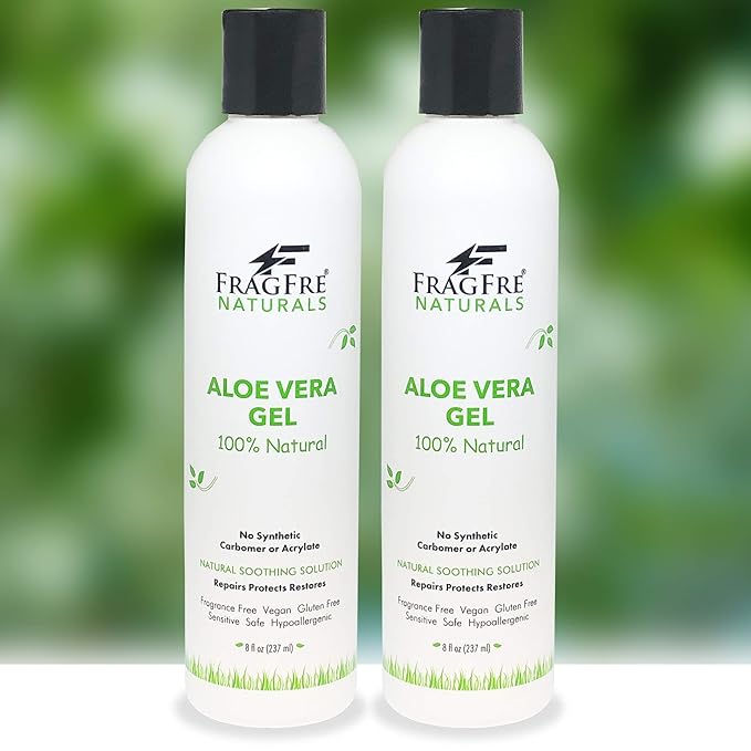 FRAGFRE All-Natural Aloe Vera Gel 8 oz (2-Pack Gift Set) - No Synthetic Carbomer or Acrylate - 100% Natural Aloe Vera Soothing Gel - After Sun Exposure Skin Care - Fragrance Free Vegan Gluten Free