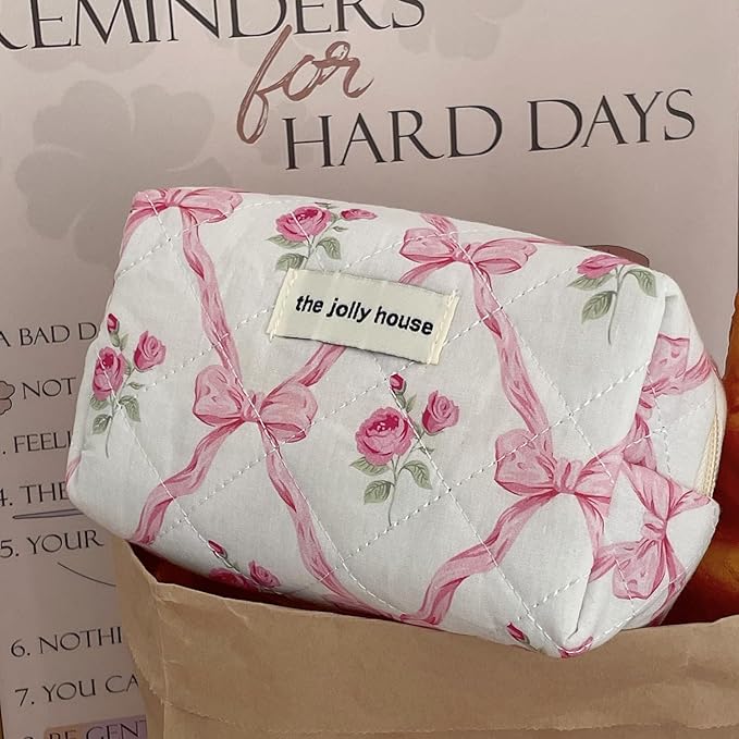 Cute Makeup Bag Aesthetic Floral Quilted Cotton Cosmetic Bag Travel Organizer Toiletry Pouch 3 Pack Set (01Pink Bow)