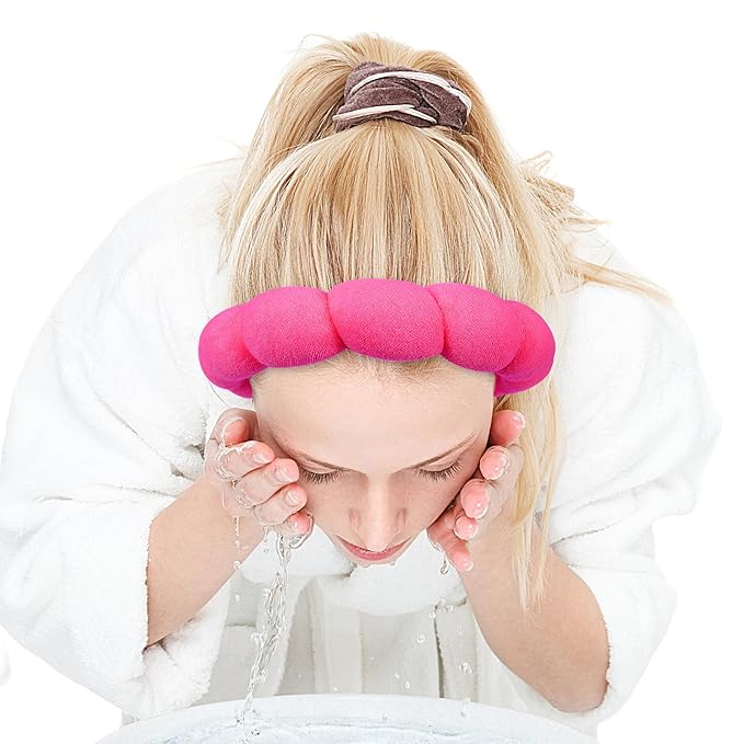 Zkptops Spa Headband for Women Sponge Makeup Skincare Headband Washing Face Wristband Set Terry Cloth Bubble Soft Get Ready Hairband Puffy Padded Headwear Non Slip Thick Hair Accessory(Hot Pink-2)