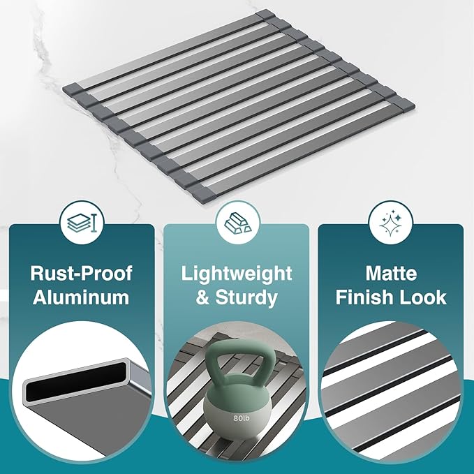 Rectangle Foldable Dish Drying Rack, Non-Slip Silicone Base, Over The Sink Aluminum Dish Drainer Rack for Kitchen Sink, Ideal for Drying Mat Easy to Store,17.7 x 13.4inch Matte Gray