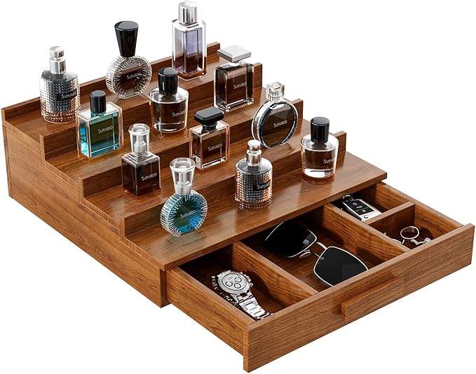 Cologne Organizer for Men,4 Tier Walnut Wood Cologne Stand,Cologne Shelf Display Holder with Hidden Storage and Drawer,Perfume Stand Organizer Great Gift for Men,Walnut