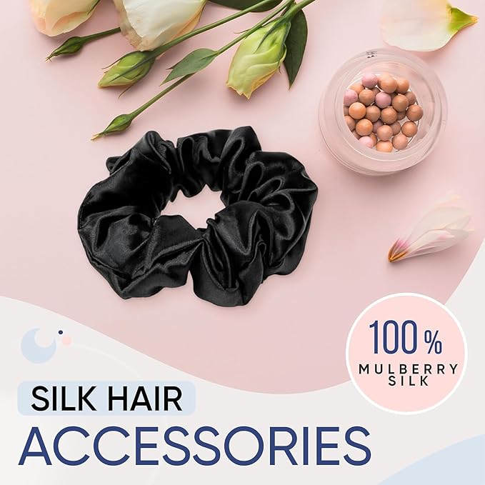 Blissy Silk Scrunchies (3 Pack) - 100% Pure Mulberry Silk - 22 Momme 6A High-Grade Fibers Scrunchie for Straight & Curly Hair (Black/Gold/Pink, Skinny)