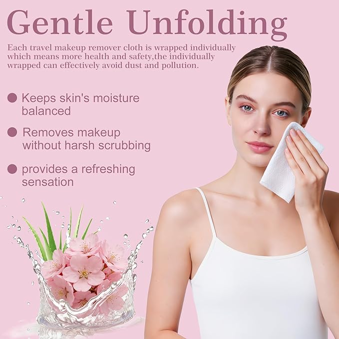 Twoworld Makeup Remover Wipes Bulk Individually Wrapped,Travel Makeup Wipes Gentle for Face Cleansing Mascara Lipstick Travel Hotel(Aloe Vera & Cherry Blossoms,Pack of 50)
