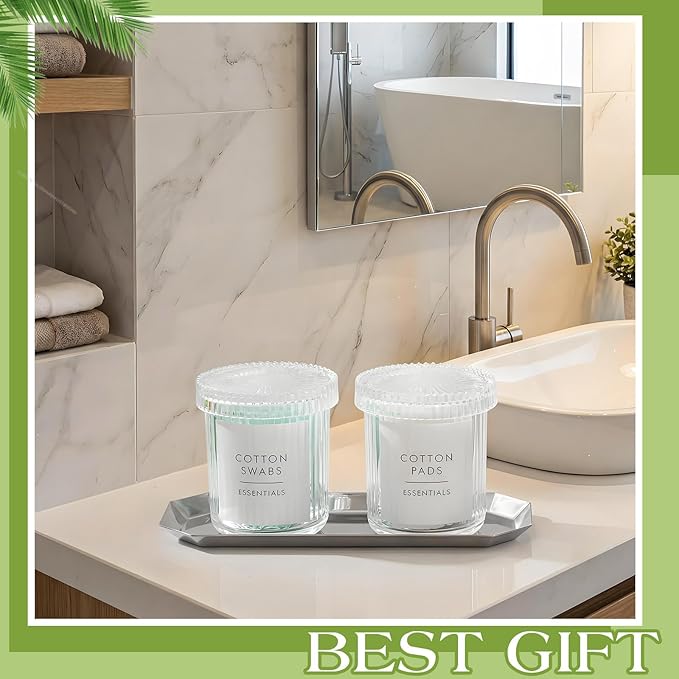 Yiyiring 2 Pack Glass Cotton Swab Holder with Lids and 1 Pack Stainless Steel Trays and Labels Glass Swab Dispenser Cotton Ball Holder Apothecary Jars Floss Pick Containers Bathroom Organizers(Clear)