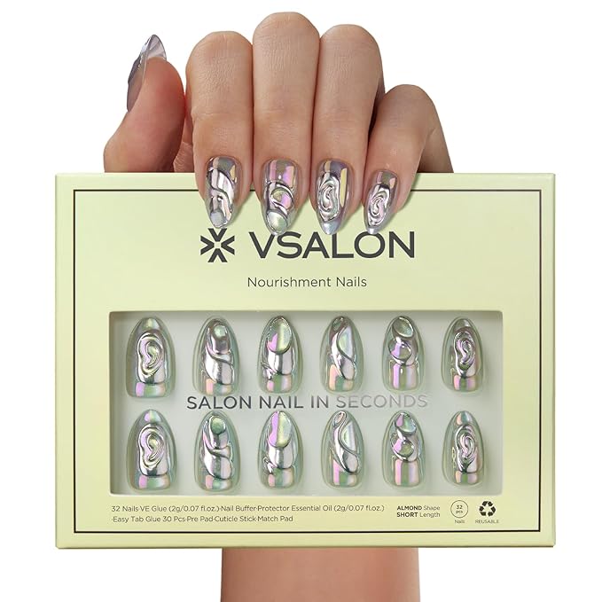 VSALON Press on Nails Short Almond - Chrome Silver Cat Eye 3D Swirl Design Fake Nails Kit for Women, Reusable Salon Quality Glue on Nails - 32 PCS Stick on Nails in 16 Sizes with Glue & Cuticle Oil