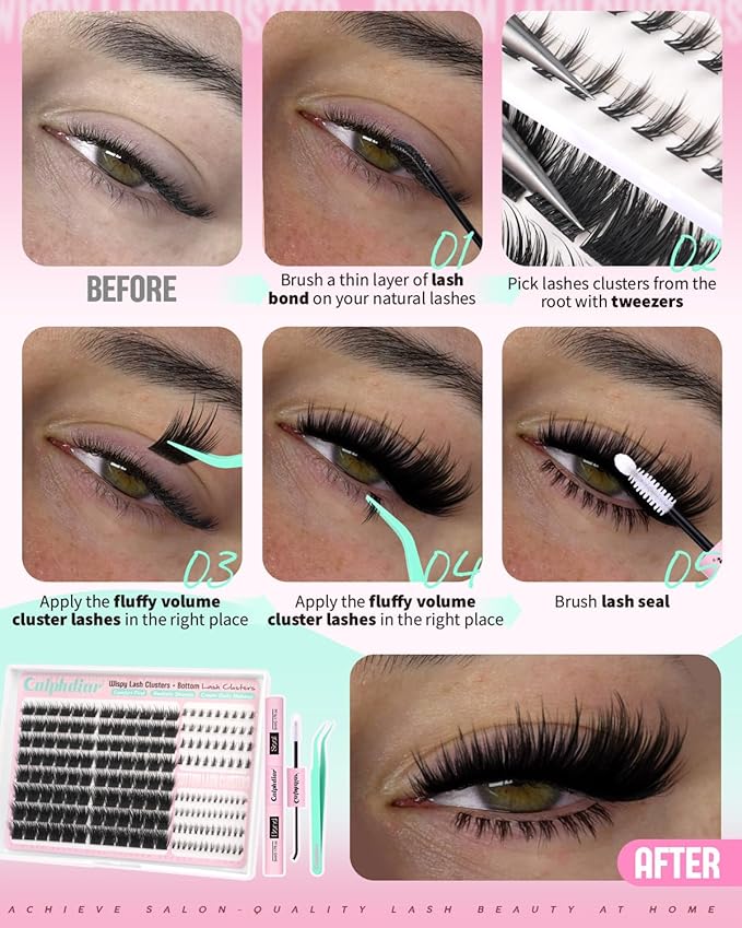 calphdiar Wispy Lash Clusters with Bottom Lashes Extension Kit Spiky Eyelash Clusters Kit Fairy Cluster Eyelash Extensions 10-18mm Lash Clusters Kit 184PCS Natural Individual Lashes with Bond and Seal