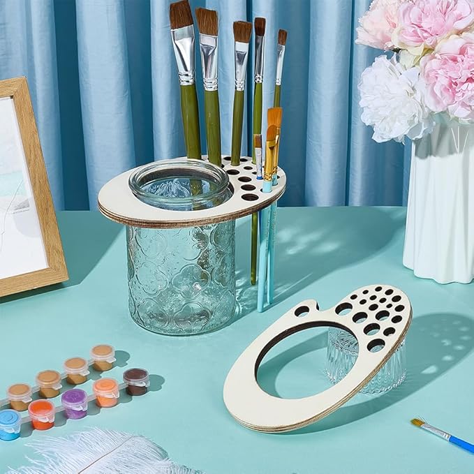 PLIGREAT 2 Pcs Paint Brush Holder, 19 Slots Wooden Display Drying Stand 3.5" Glass Jar Watercolor Brush Organizer Art Supply Stand Rack for Arts Drawing Painters