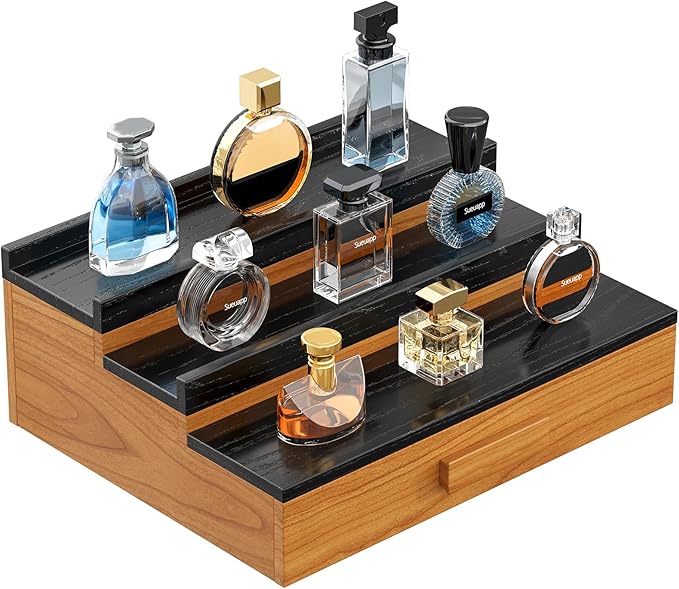 Solid Walnut Wood Cologne Organizer for Men,3 Tier Cologne Stand Display Shelf with Hidden Compartment and Drawer,Perfume Stand Organizer,Perfume Display Holder,Great Gift for Men Father