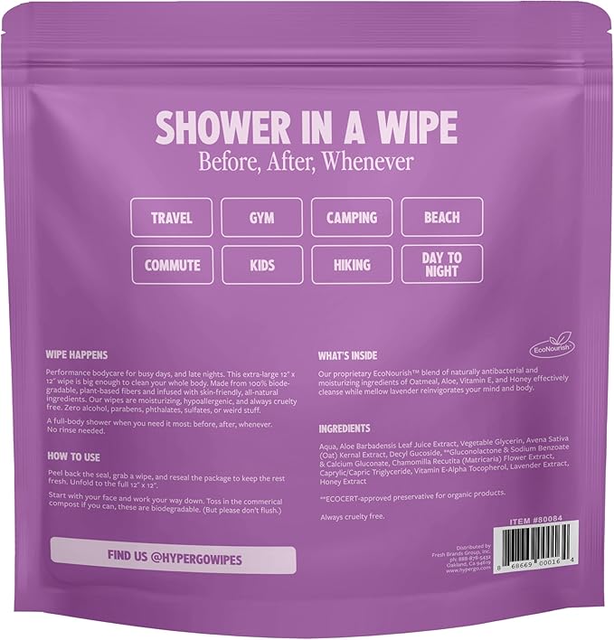 HyperGo XL Body Wipes for Women & Men – 12" x12" Rinse-Free Full Body Cleansing 30 Count Pack - Lavender | Biodegradable, Hypoallergenic, Aloe-Infused | Gym, Festival, Camping Essentials