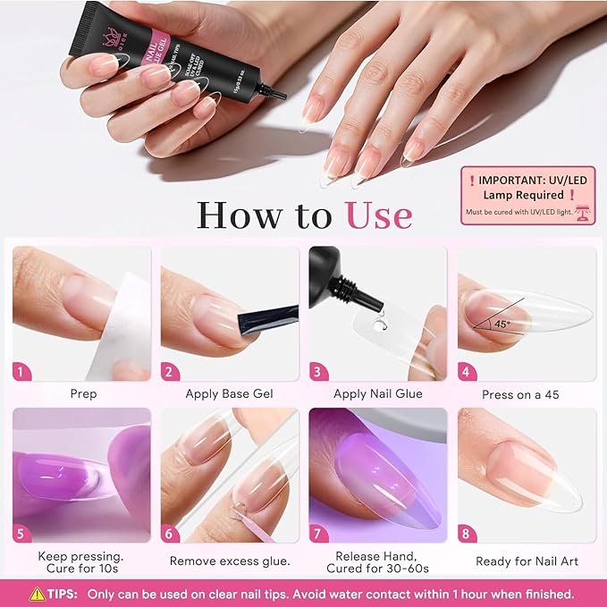 QIEK Nail Tips Gel Glue 15g - Lamp Curing Solid Nail Glue for False Acrylic Nails, Crystal Clear Long Lasting 28 Days No Yellowing Salon Quality DIY Home Beginner-friendly
