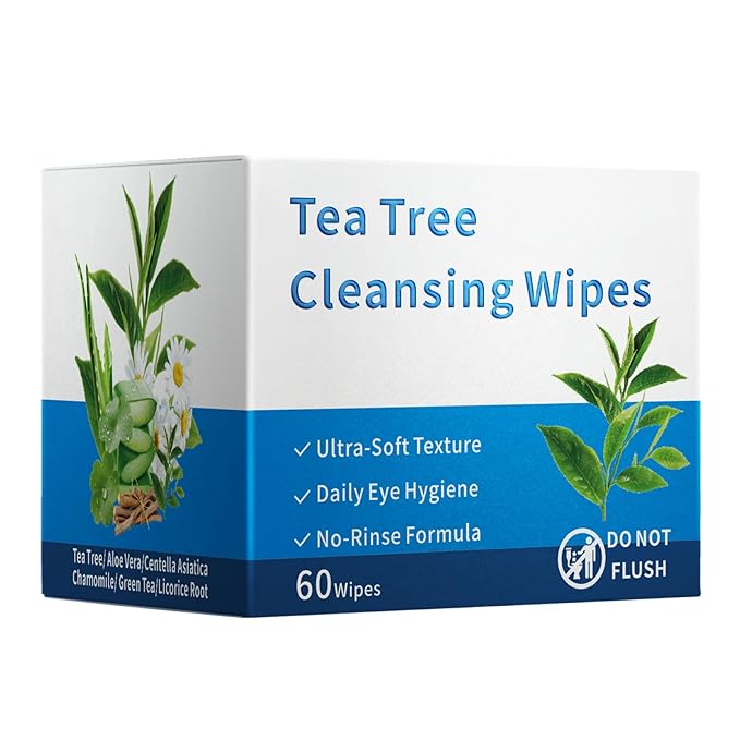 60 Pcs Tea Tree Oil Eyelid & Lash & Face Cleansing Wipes l Eyelid Pads For People Blepharitis & Chalazion & DryEyes & Stye Eye Treatment, Eyelash Makeup Remover & Daily Eye Lid Pads, Cleaning Wipes