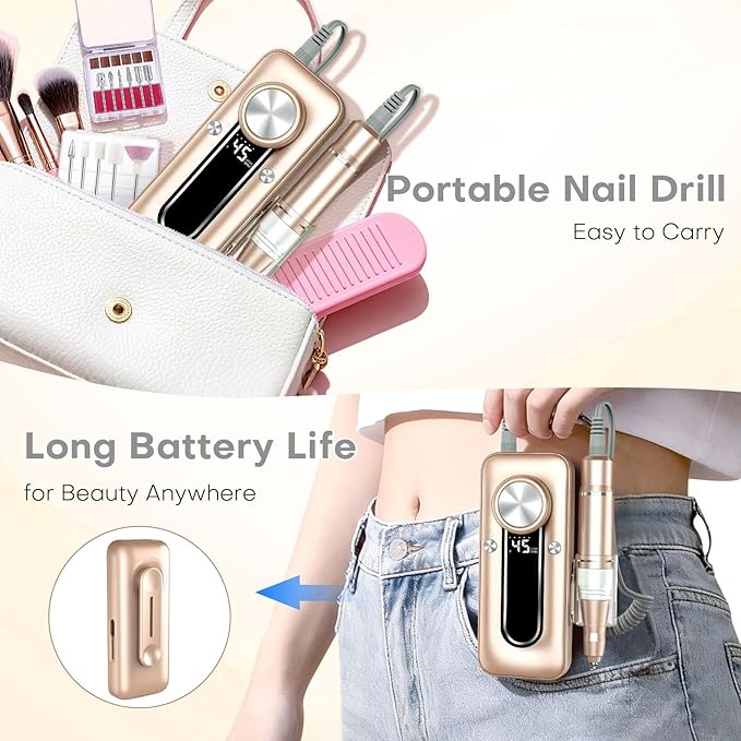 TUOBEO Nail Drill Electric Nail File Kit 45000 RPM Professional Efile Nail Set,Cordless Portable Rechargeable Acrylic Gel Nail Polish Remover Machine Pedicure Manicure Tool with for Salon Home Gold