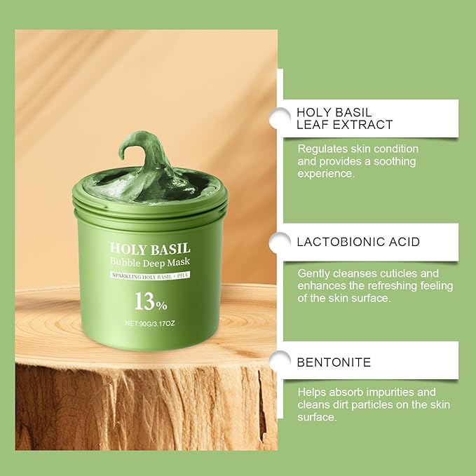Holy Basil Bubble Deep Mask ā Holy Basil & Carbonated Water for Cleansing Pores & Blackheads, Korean Style Clay to Bubble Wash-Off Pack (90g / 3.17 oz) (Green)