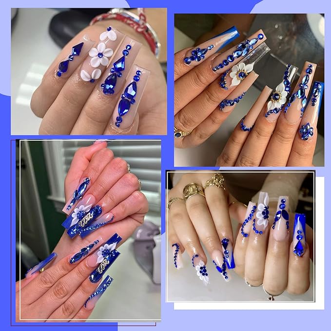 Canvalite 2900Pcs Blue Rhinestones for Nails, 18 Styles Multi Shape Nail Charms and Gems Shiny Glass Crystal Flatback Nail Rhinestones Set for Nail Art with Rhinestone Picker and Tweezers