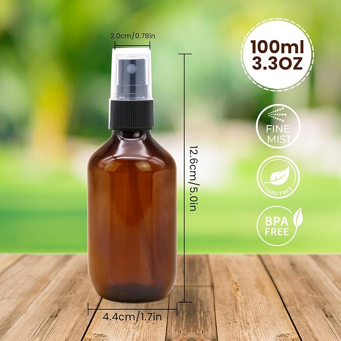 TRENDBOX 6 Pack 3.4oz Amber Spray Bottles, Small Fine Mist Mister Plastic Travel Bottles, Empty Bottles Set for Essential Oils Hair