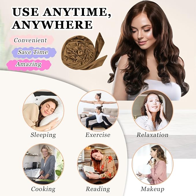Gwabee Heatless Curls Overnight Hair Curler, 70" Soft Hair Curlers to Sleep In No Heat Curls Overnight, 9 PCS No Heat Curlers Set for Women - Golden Brown