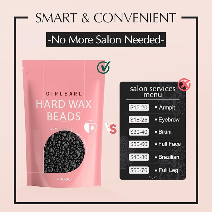 GIRLEARLE Hard Wax Beads, 1lb Wax Beans for Hair Removal, Hard Wax for Sensitive Skin at Home, Wax Refill Perfect for Legs, Facial, Brazilian Bikini, Eyebrow and Full Body for Women and Men (Black)