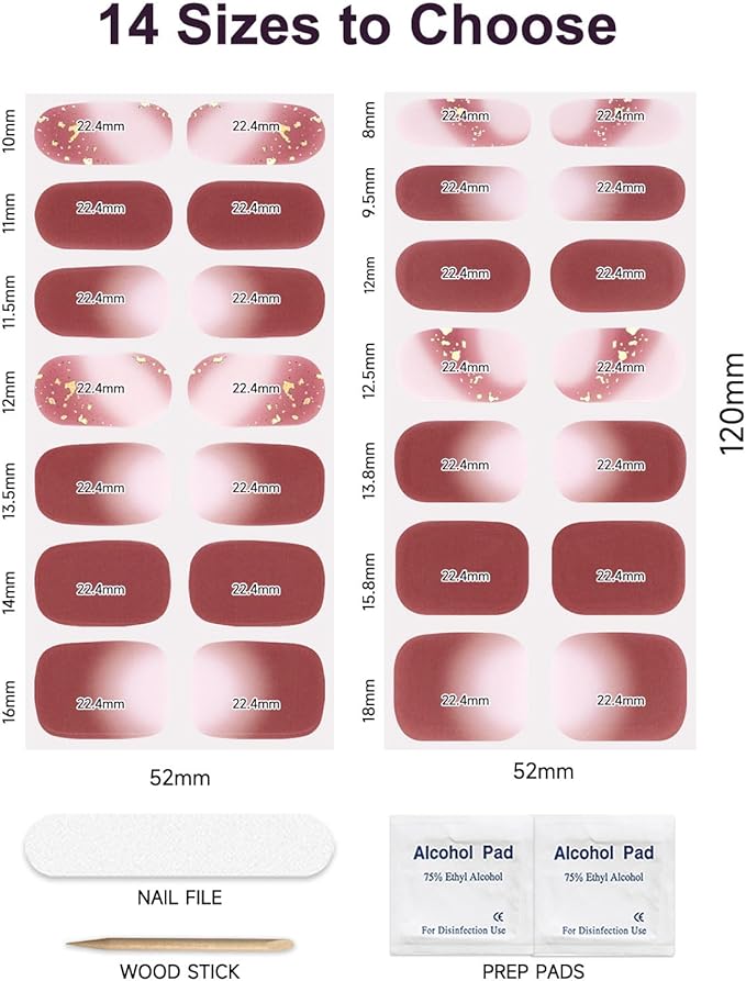 DUKASOU Semi Cured Gel Nail Strips, 56Pcs Nail Art Stickers/Wraps, Long Lasting UV Nail Polish Strips for Adults(Brown+Red)