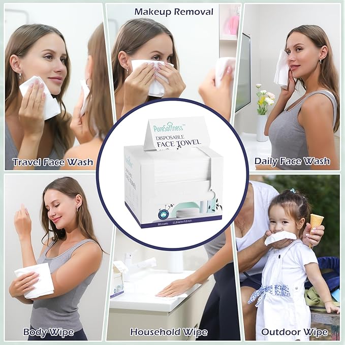 PureSoftness Disposable Face Towel, Clean Towel, Extra Large 12" x 10", Soft Dry Wipe Face Wash, Makeup Remover, Biodegradable Towelette for Sensitive Skin 160 Count (2 Pack)