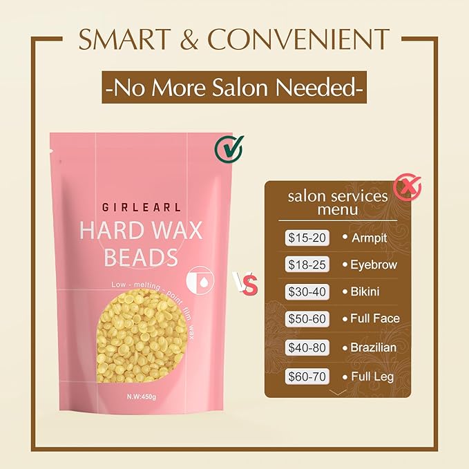 GIRLEARLE Hard Wax Beads, 1lb Honey Wax Beans for Hair Removal, Hard Wax for Sensitive Skin at Home, Wax Refill Perfect for Brazilian Bikini, Legs, Facial, Eyebrow and Full Body for Women and Men