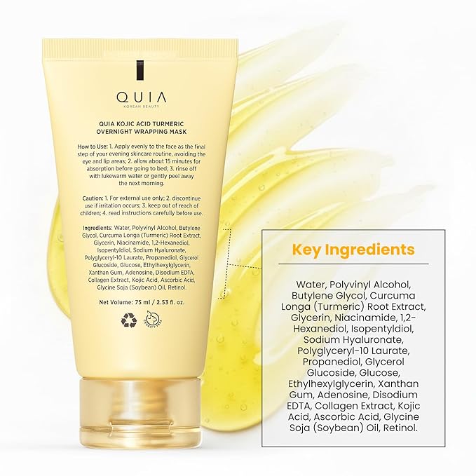 QUIA Turmeric + Kojic Acid Overnight Wrapping Mask – Hydration Mask for Glowing Skin – Evens Tone, Soothes Redness and Improves Skin Texture – Korean Skincare 75ML