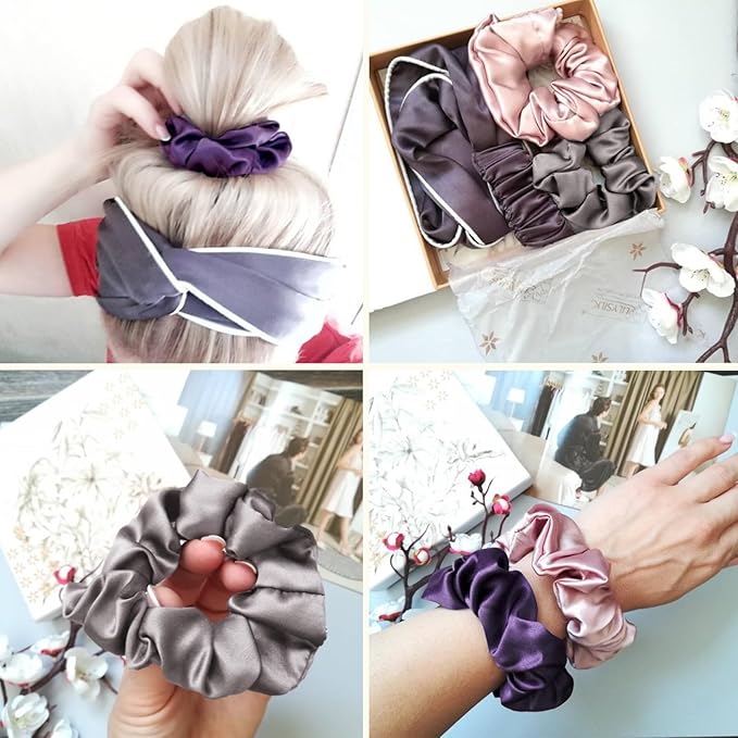 LILYSILK Silk Hair Scrunchies/Ties for Frizz & Breakage Prevention, 100% Mulberry, No Damage, Elastic ponytail Holders, 1Pc, Dark Purple