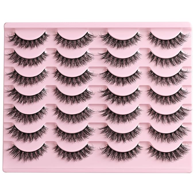 Lashes Wispy False Eyelashes Cat Eye Lash Strips Natural Fake Eyelash Mink Strip Lash Pack 14 Pairs Lightweight Fluffy Cateye Lashes Soft Cotton Band 8-14mm Wispies Easy Eyelashes Natural Look