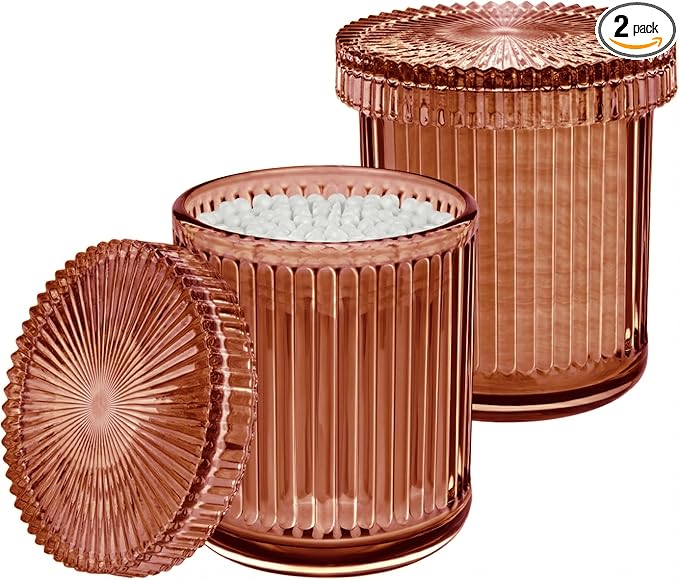MKOSAB 2 Pack Qtip Holder - Apothecary Jars with Lids, Bathroom Organizers and Storage Canister for Cotton Balls,Swabs,Floss Picks,Hair Ties,Clear Glass Vintage Bathroom Decor Jar Set (Brown)