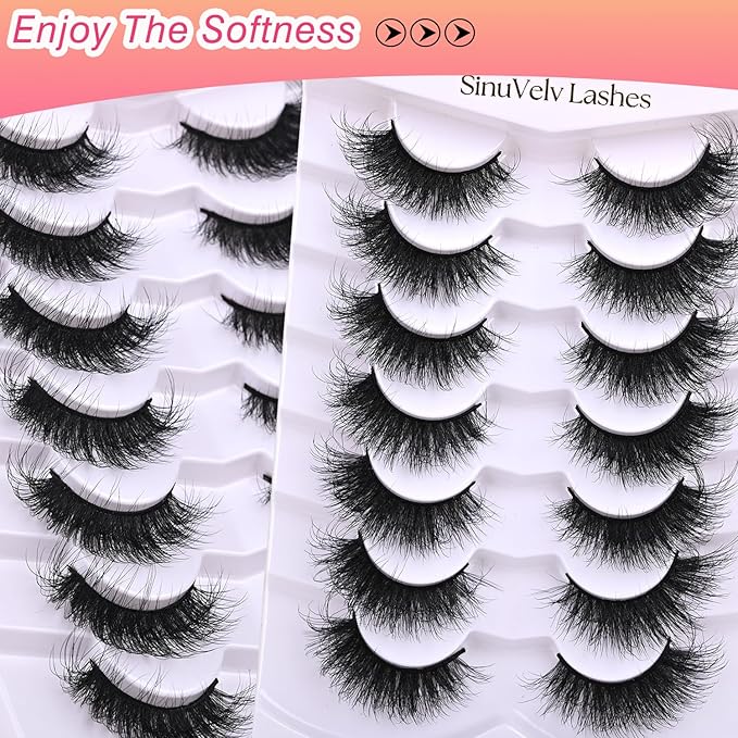 SinuVelve Extra Fluff 6D Volume Lashes 18mm D Curlve False Eyelashes Strips Light Weight Mink Wispy Cat Eye Lashes Flexible Band Reusable 15 Times By Hiklasy
