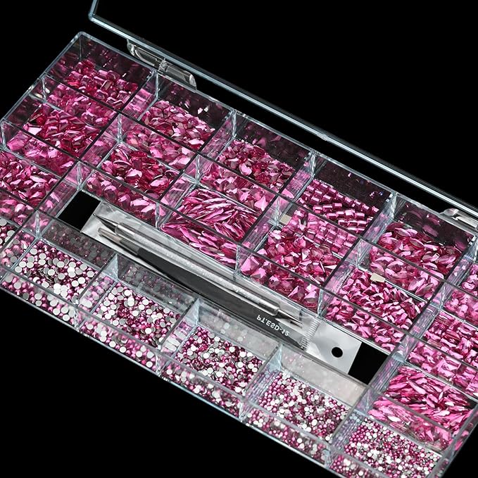 Yzzseven 14 Types of 700 Rose Pink Diamonds + 2100 Flat Rhinestones Mix 20 Styles Flatback DIY Crafts Rhinestone Crystals 3D Ornaments Flat Back Stones Set + Tweezers + Drill Pen