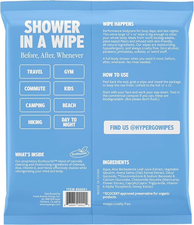 HyperGo XL Body Wipes for Women & Men – 12" x12" Rinse-Free Full Body Cleansing Wipes 2-20 Count Packs - Unscented | Biodegradable, Hypoallergenic, Aloe-Infused | Gym, Festival, Camping Essentials