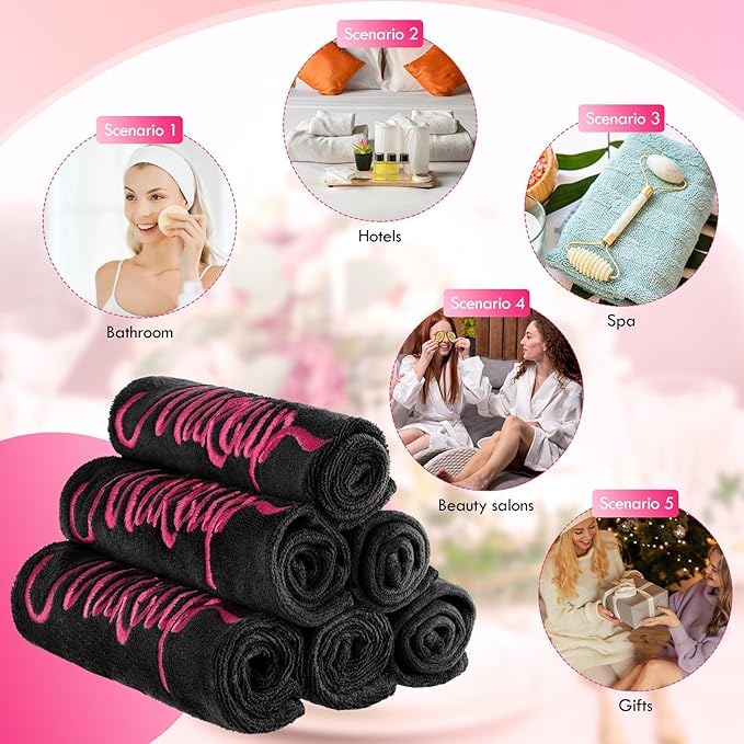 Preboun 96 Pack Makeup Remover Cloths, 13 x 13 Inch Makeup Towels Bulk Soft Microfiber Face Towels Reusable Makeup Washcloths with Makeup Embroidery for Women Skin (Black)