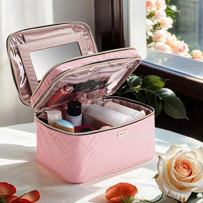 BAFAMYE 8.8L Double Layer Travel Makeup Bag With Mirror For Women, Large Cosmetic Case, Organizer for Travel-Size Accessories Bottles, Brushes,and Skin Care Products, 2.33 GAL, Pink