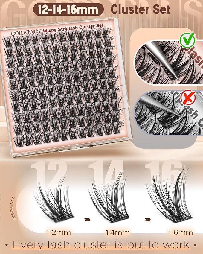 Goddvenus Wispy Lash Clusters 12-14-16mm Eyelash Clusters Set C Curl Fluffy Natural Lash Clusters for Effortless Eyelash Extensions Individual Lashes DIY False Eyelashes