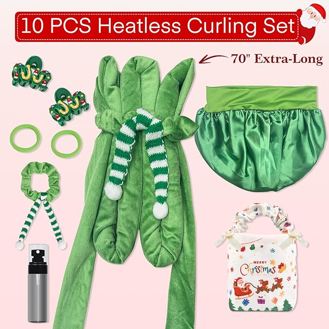 Gwabee 10 PCS Christmas Heatless Curls Overnight Hair Curler, 70" Overnight Curls Hair Curlers to Sleep In with Bonnet for Women Long Hair Volume, Heatless Curling DIY Set - Green