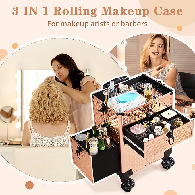Karl home Rolling Makeup Case with Wheels & 2 Drawers, 3 in 1 Large Capacity Trolley Makeup Travel Case, Professional Cosmetology Lockable Travel Cosmetic Storage Train Cases, Champagne Gold