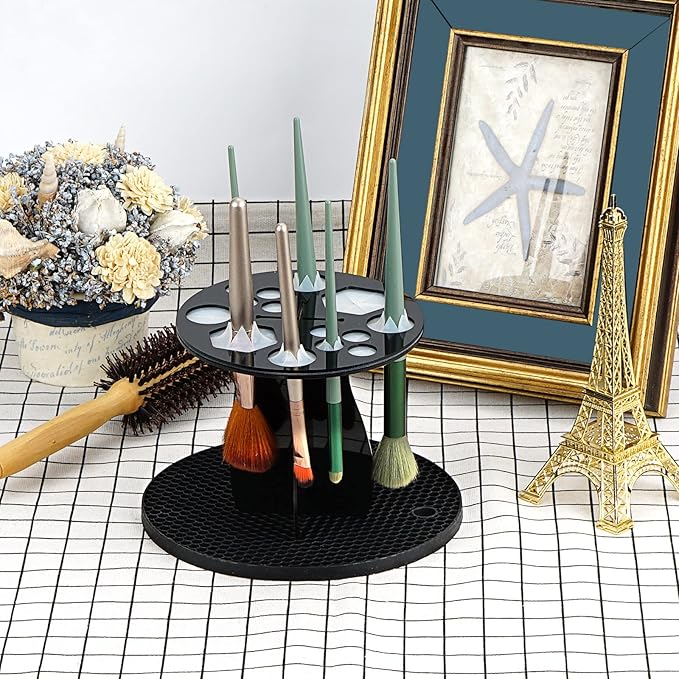 14 Hole Makeup Brush Drying Rack with Mat, Detachable Acrylic Makeup Brush Holder, Air Tree Tower Stand Organizer Tray (Black)