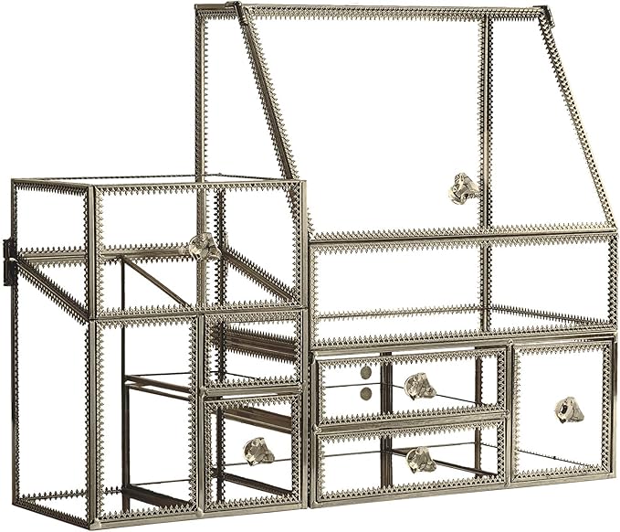 Hersoo Glass Antique Brass Stackable Drawer Set Makeup Organizer for Vanity Antique Countertop Vanity Cosmetic Storage Box Mirror Glass Beauty Display