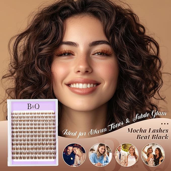 B&Q Brown Lash Clusters Natural Lash Clusters for Light Hair, Reusable MochaLash Cluster Eyelash Extensions Soft Brown False Eyelashes Comfortable Eyelash Clusters Perfect for Occasions(MochaLash 01)