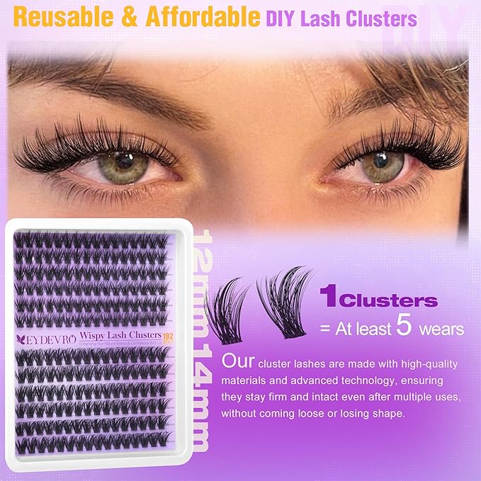 EYDEVRO Wispy Lash Clusters Natural Eyelash Clusters 12-14mm Cluster Eyelash Extensions CD Curl 192 Pcs Manga Cluster Lashes Short Individual Lashes DIY Lash Extensions Soft Thin Band