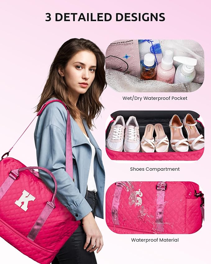 Gifts for Teen Girls 12-14-Initial Travel Bag with Shoe Compartment, Personalized Weekender Bag, Monogram Overnight Bag for Women, Letter Travel Bag with Makeup Bag (Letter D)