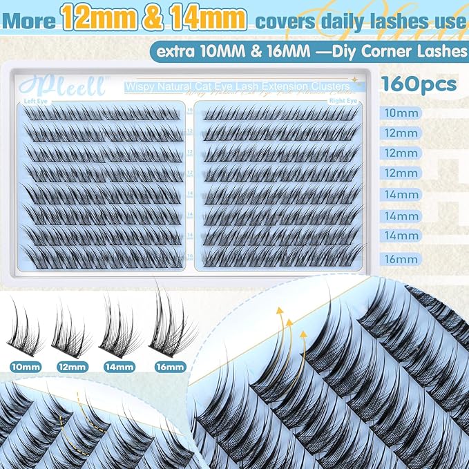 Pleell Cat eye Lash Clusters Wispy Eyelash Clusters Natural Fox Eye Lashes Left&Right Spikes Cluster Eyelash Extensions Fairy Cluster Lashes(160PCS, J Curve, 10-16MM)