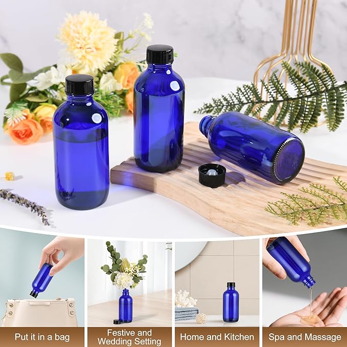 Exlvanto Small Glass Bottles with Lids Boston Round Shot Bottles for Health, Immunity, Ginger Juice, Essential Oils, Potion - Leak Proof Mini Travel Containers (Blue UV, 4oz-24Pack)