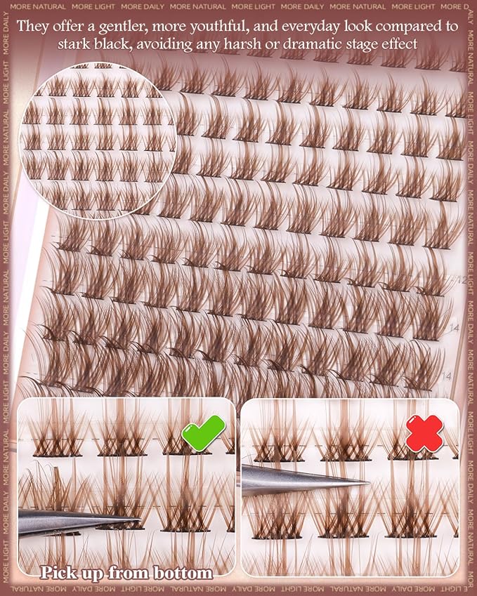 Wtvane Brown Lash Clusters Wispy Eyelash Clusters Natural Lash Clusters with Spikes 8-16mm Cluster Eyelash Extensions Natural Look C-Curly Individual Lashes Thin Band Lashes Clusters Manga Eye Lashes