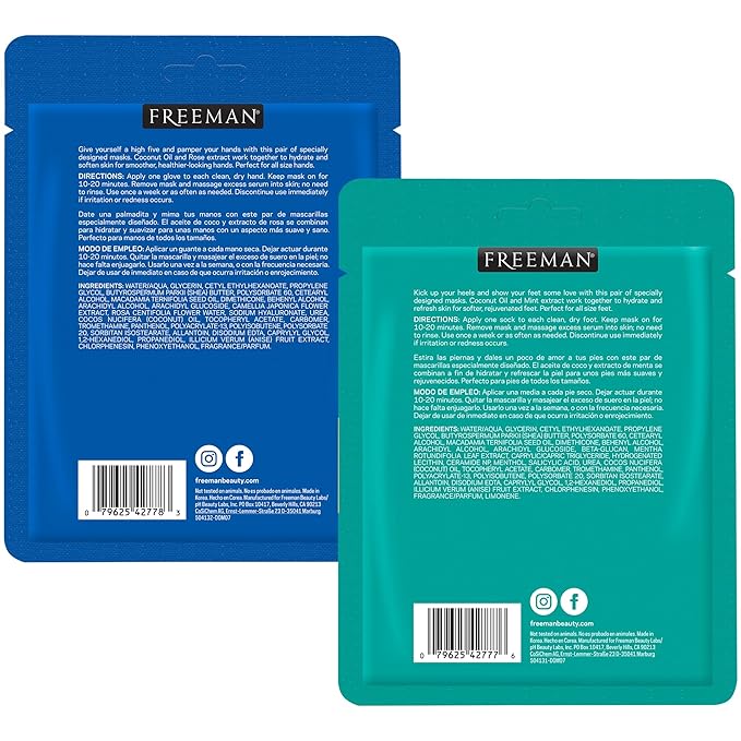 Freeman Flirty Feet Foot Mask & Silky Hands Hand Mask Set – Moisturizing Socks with Coconut Oil & Mint Extract + Hydrating Gloves with Coconut Oil & Rose Extract