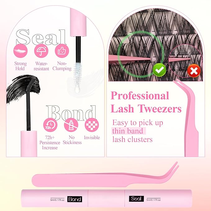 Wtvane Lash Clusters Kit Wispy Cluster Eyelash Extensions Kit Natural Lash Extension Kit Natural Look Eyelash Clusters Wispy False Eyelashes with Lash Bond and Seal, Tweezers